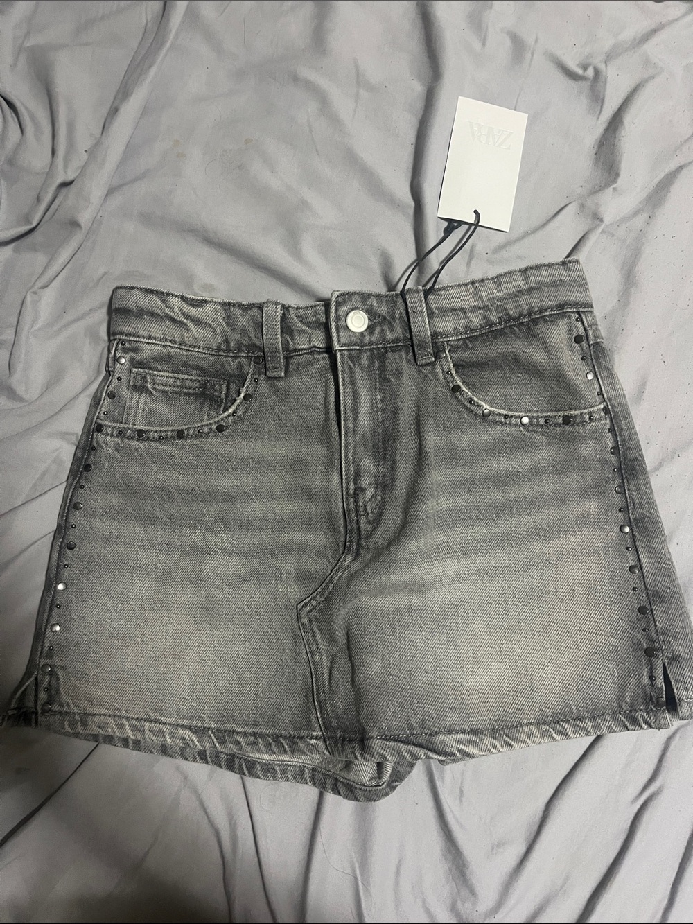 Zara Gray Stud-Trim Denim Skort